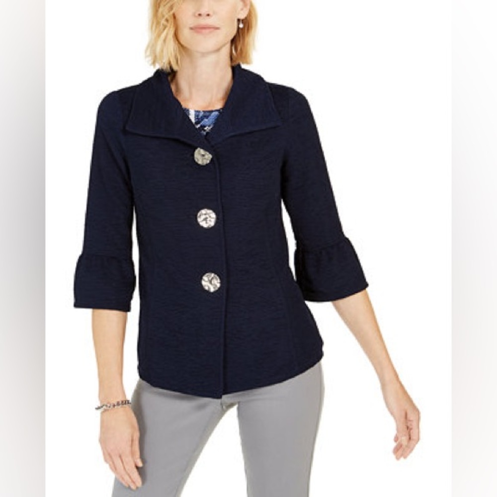 JM Collection Textured Blazer Bell Sleeve Navy Workwear Office Chic Classic L